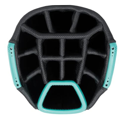Close-up of a golf bag 14-way top in black and blue.