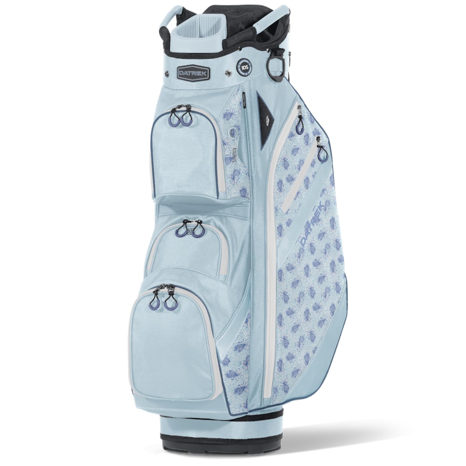 Light blue golf bag with floral pattern on a white background