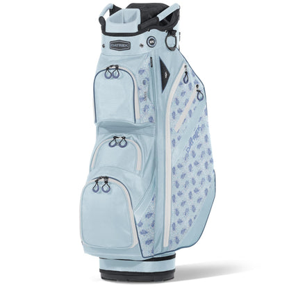 Light blue golf bag with floral pattern on a white background