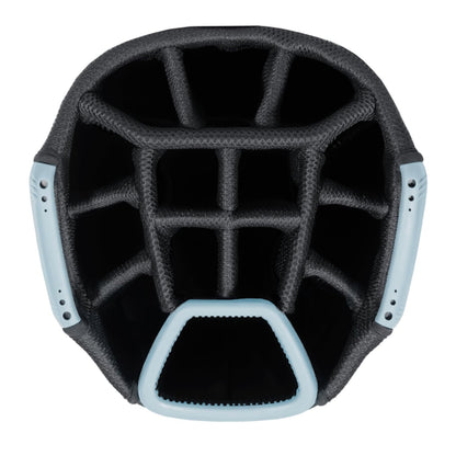 Close-up of a golf bag 14-way top in black and blue.