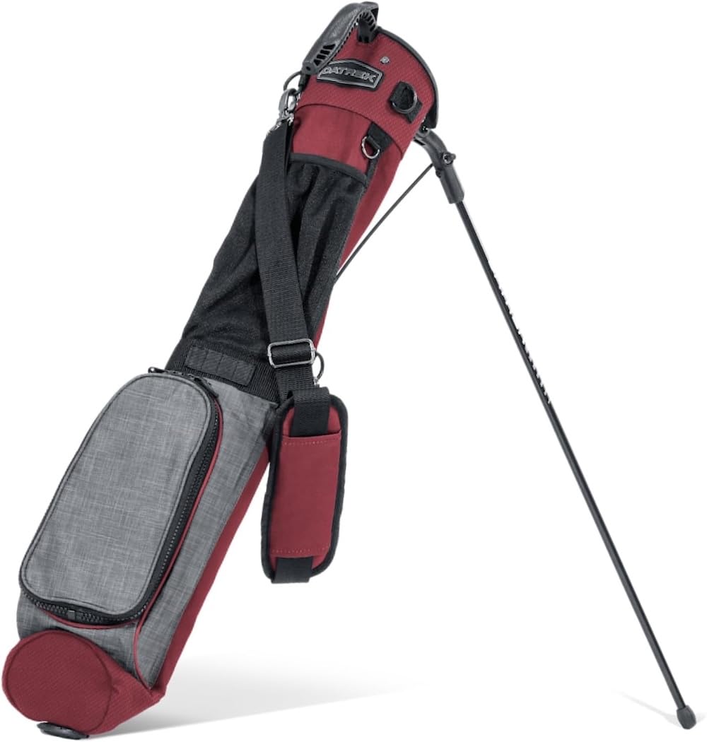 Red and gray golf bag with a stand on a white background