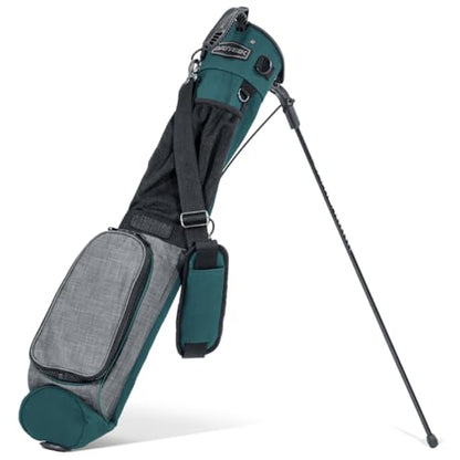 Teal and gray golf bag with a stand on a white background