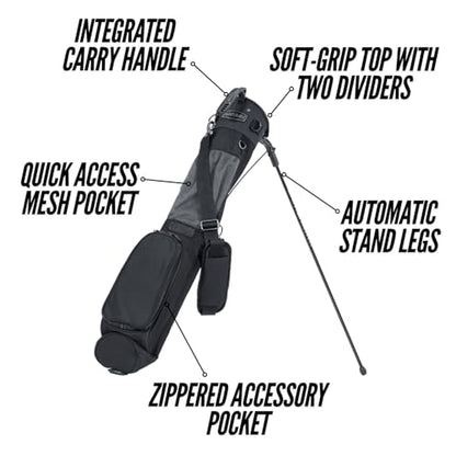 Golf bag with features labeled on a white background