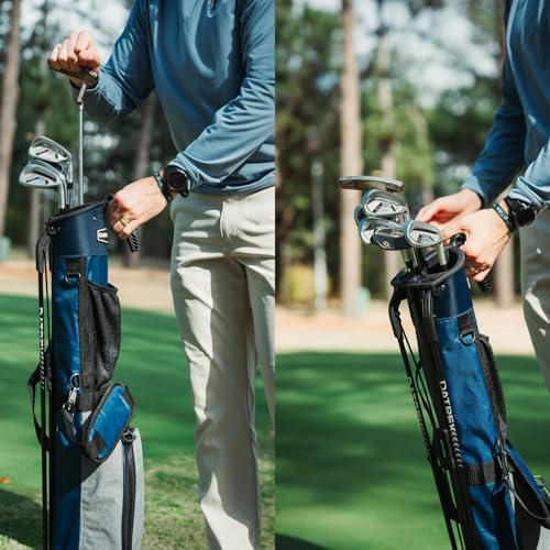 Person holding a golf bag with golf clubs on a golf course