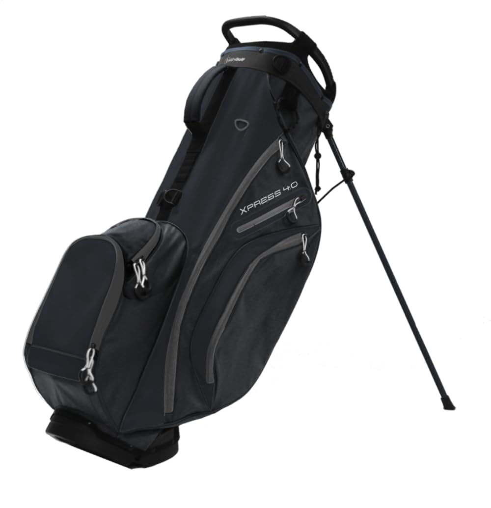 Black golf bag with stand on a white background