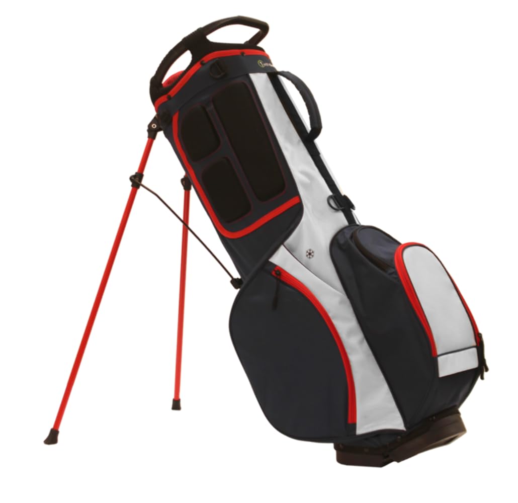 Black, white, and red golf bag with stand on a white background