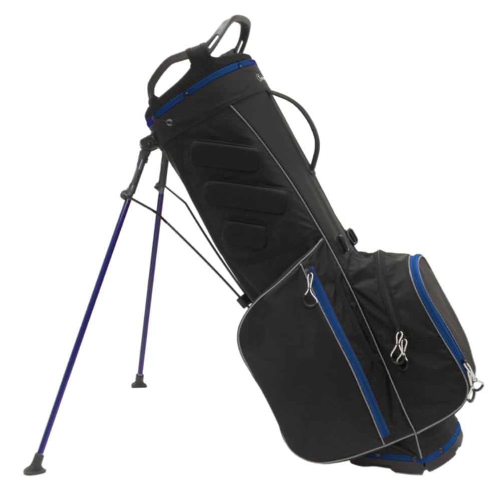 Black golf bag with blue accents on a white background