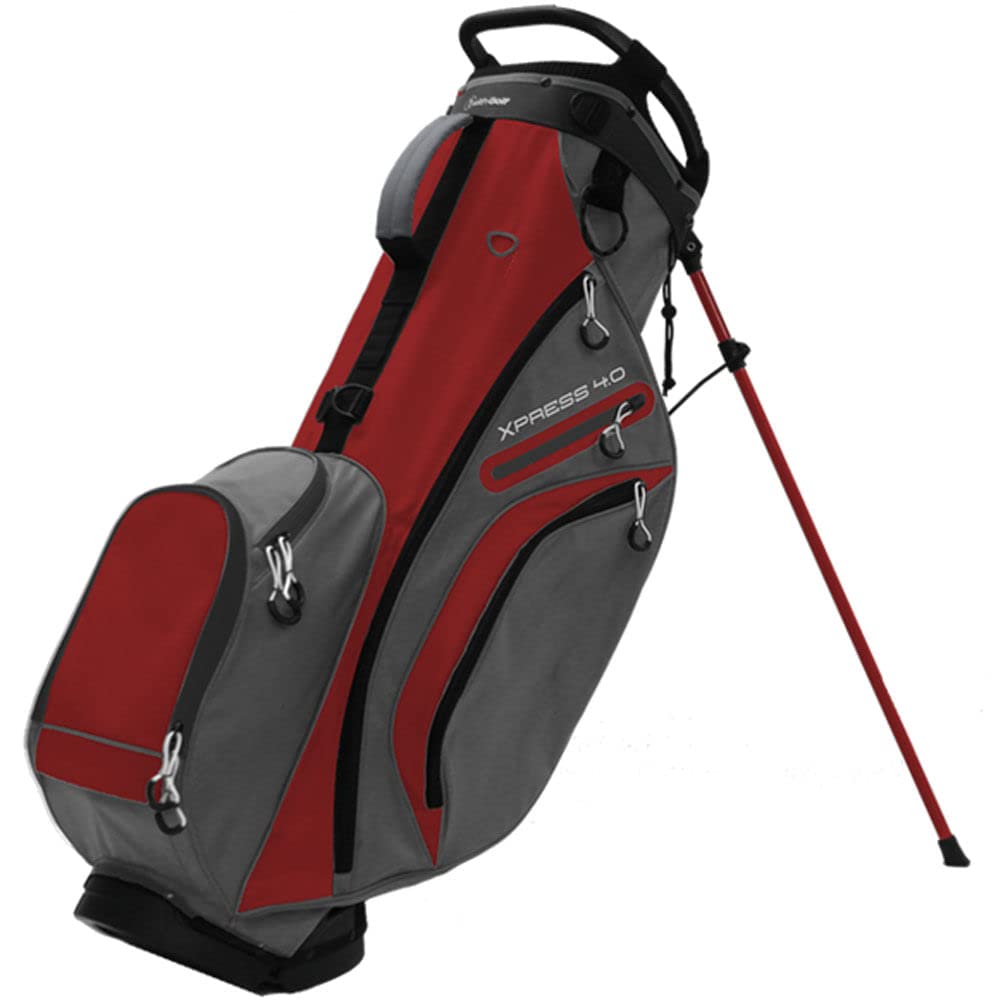 Gray and red golf bag with stand on a white background