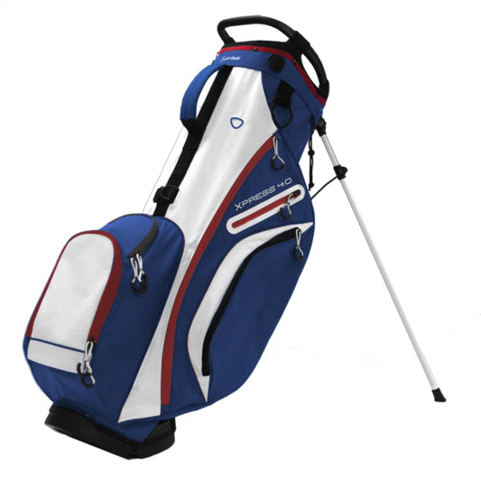 Blue, white, and red golf bag with a stand on a white background