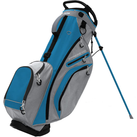 Blue and gray golf bag with a stand on a white background