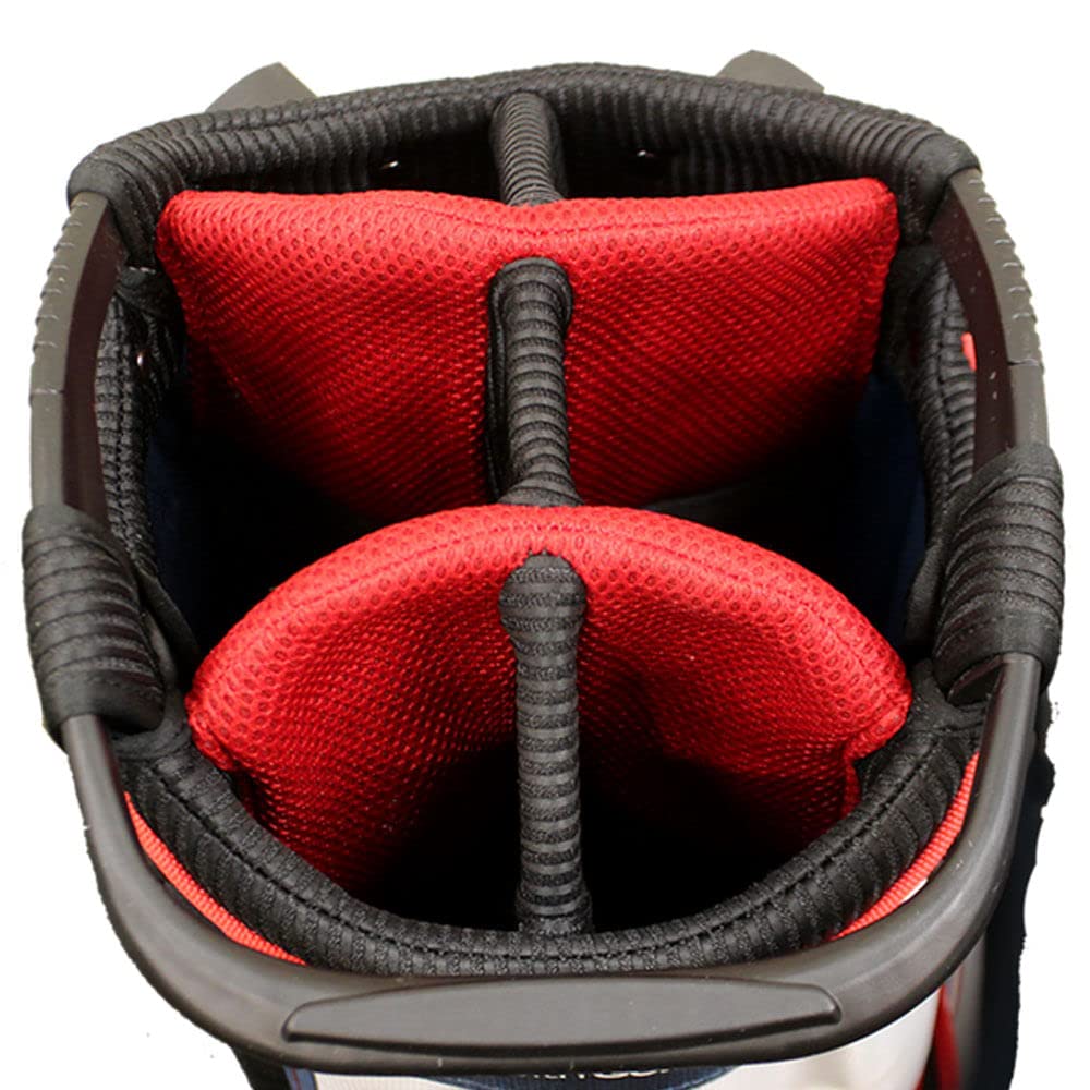 Close-up of a golf bag 6-way top in black and red.