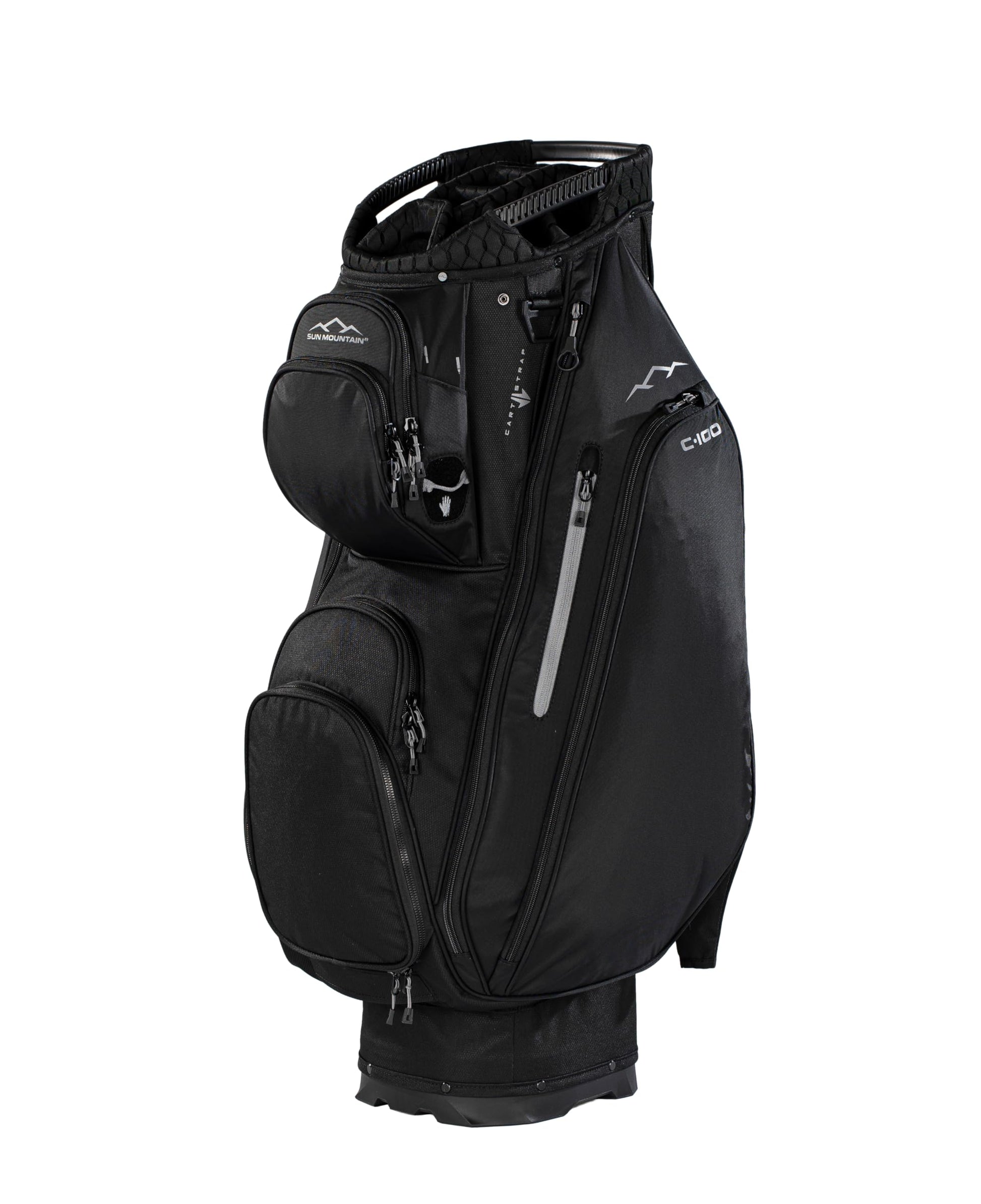 Black golf cart bag with multiple pockets and zippers on a white background