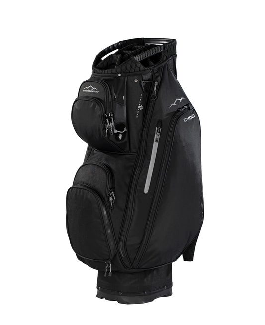 Black golf cart bag with multiple pockets and zippers on a white background