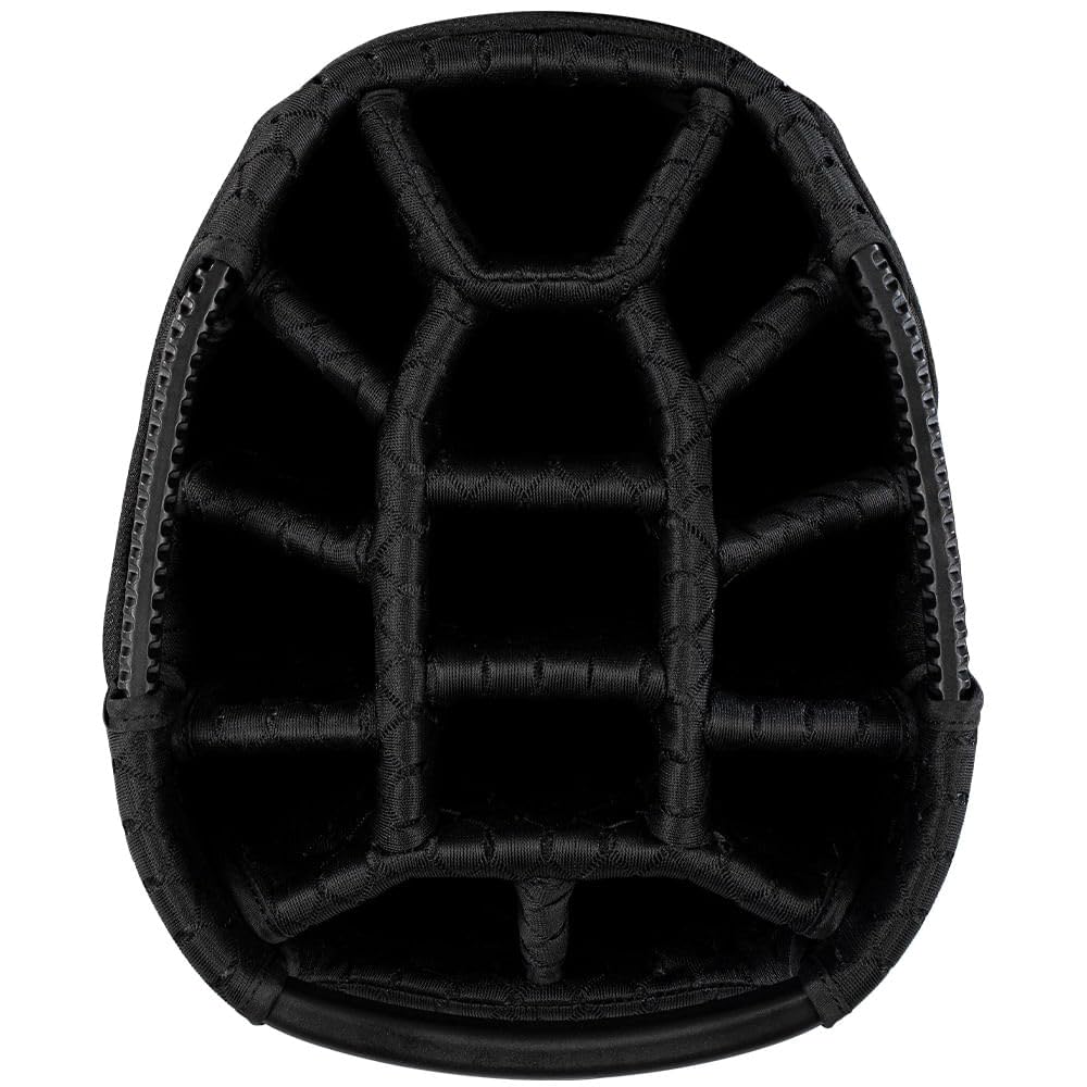 Close-up of a golf bag 14-way top in black.