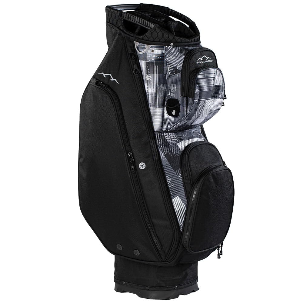Black golf bag with a geometric pattern on a white background