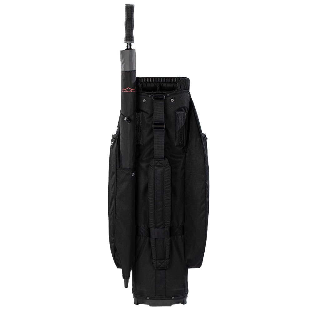 Black golf bag with umbrella holder on a white background