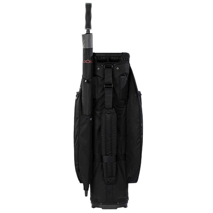 Black golf bag with umbrella holder on a white background