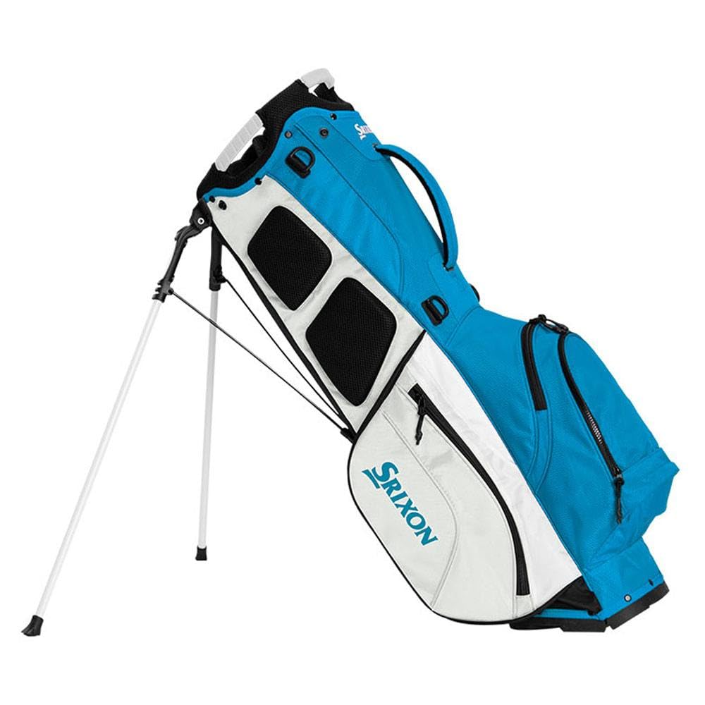 Blue and white golf bag with Srixon logo on a white background