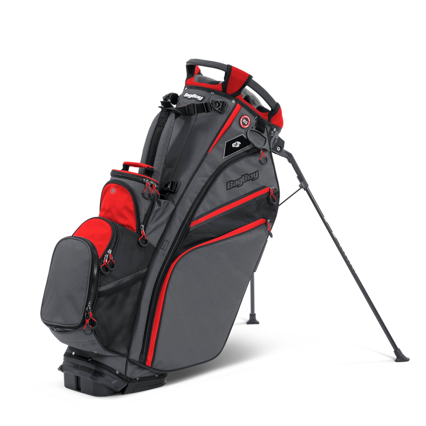 An image of Bag Boy Chiller Pro Hybrid Stand Bag - Charcoal/Red/Black on a white background