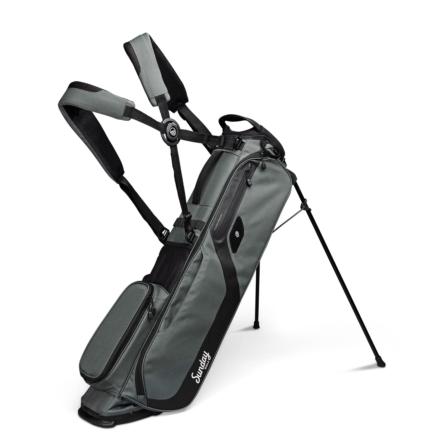 Gray golf bag with black accents on a white background