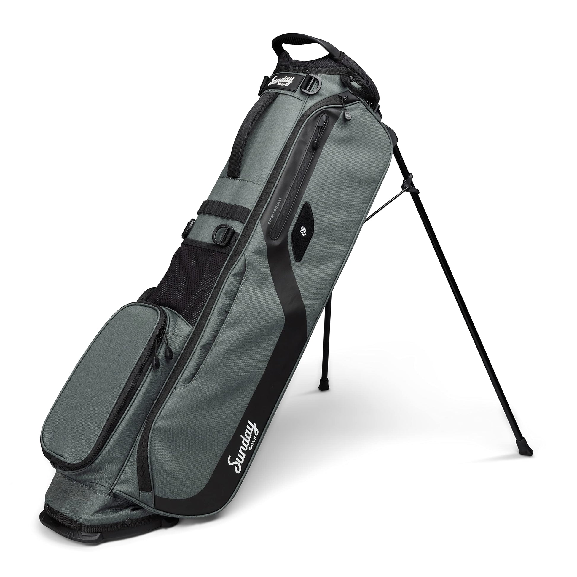 Gray golf bag with black accents on a white background