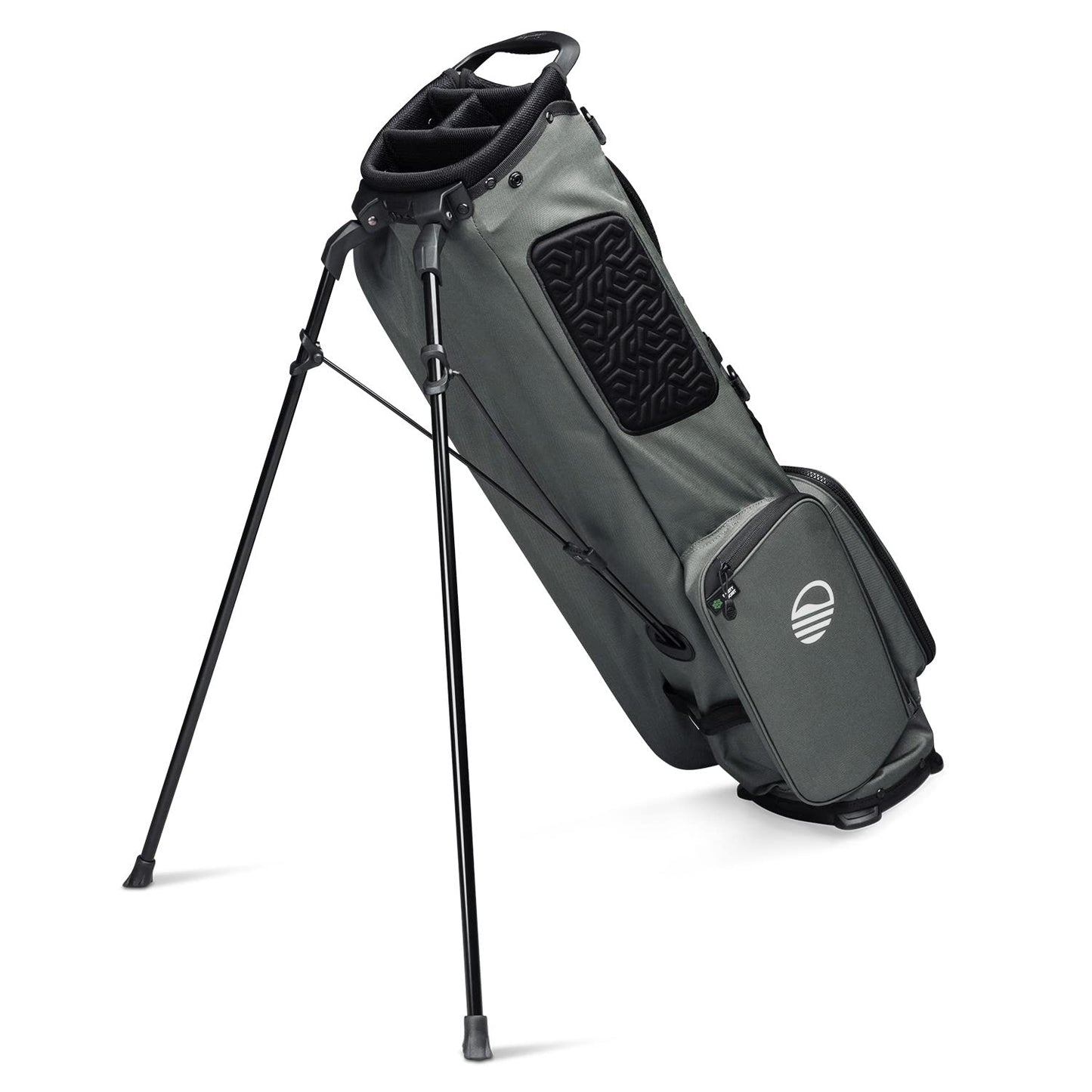 Gray golf bag with a black stand on a white background