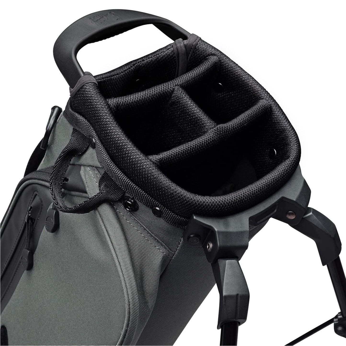 Gray golf bag with black stand and strap on a white background