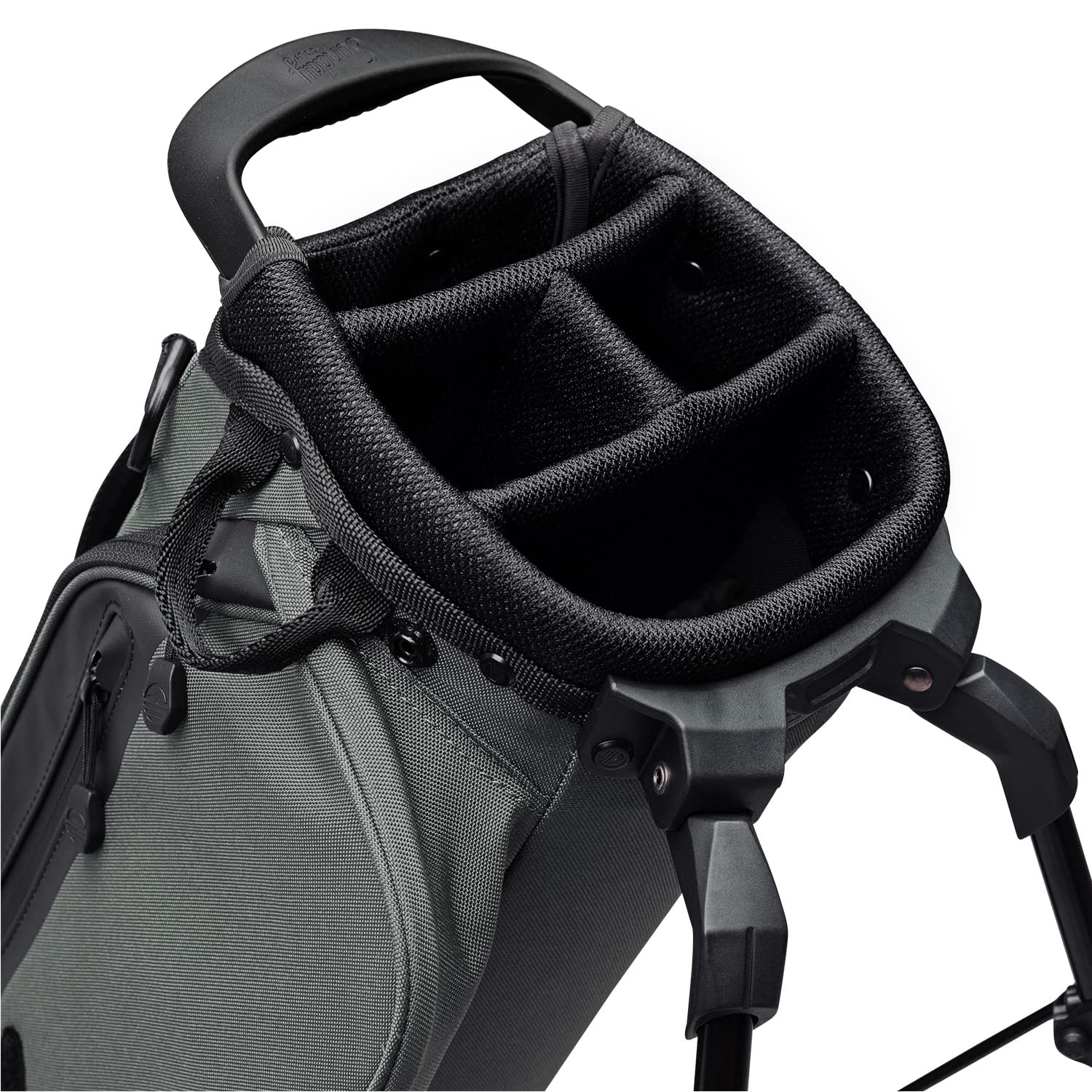 Gray golf bag with black stand and strap on a white background