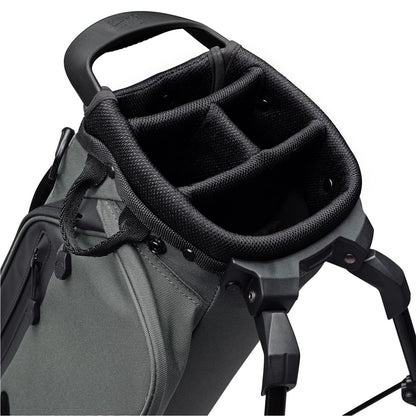 Gray golf bag with black stand and strap on a white background