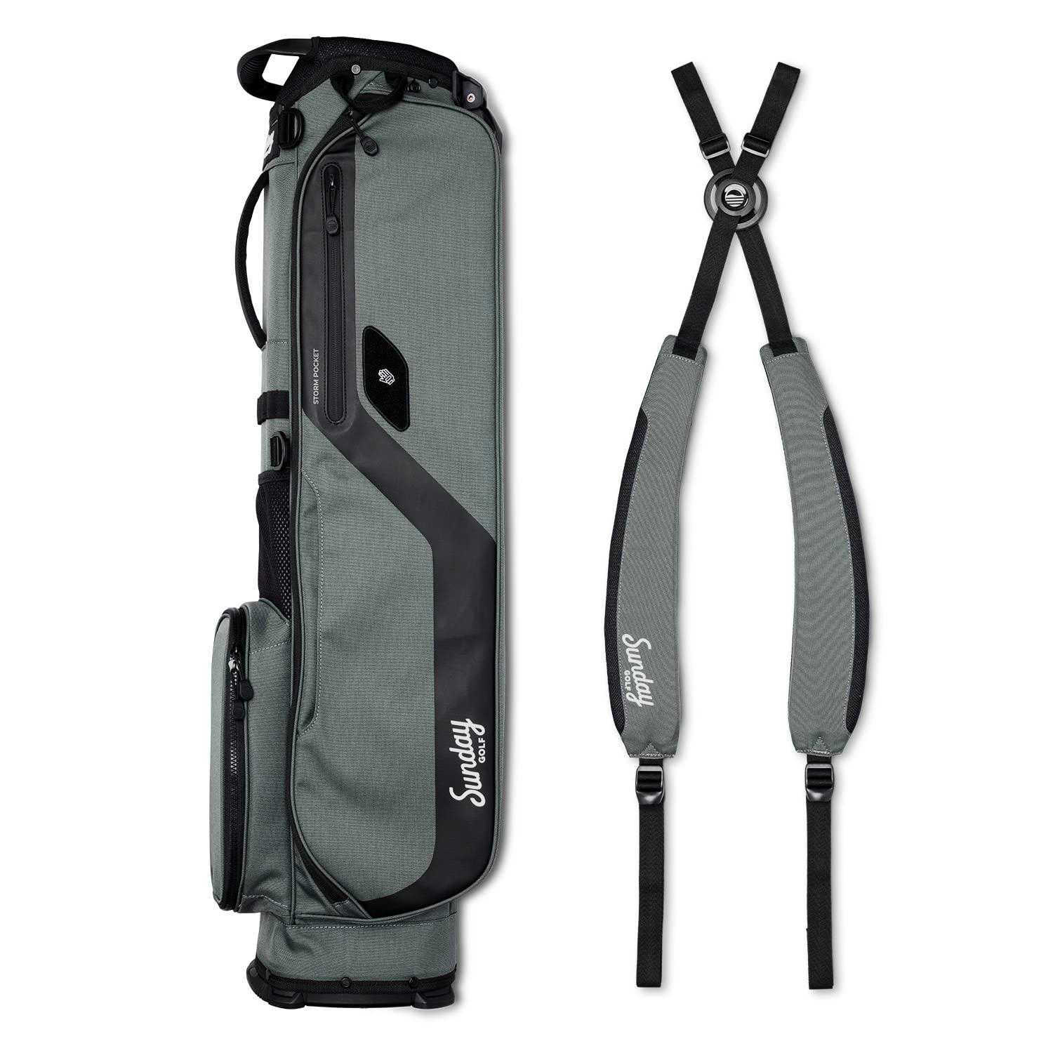 Gray golf bag with black accents and a strap on a white background