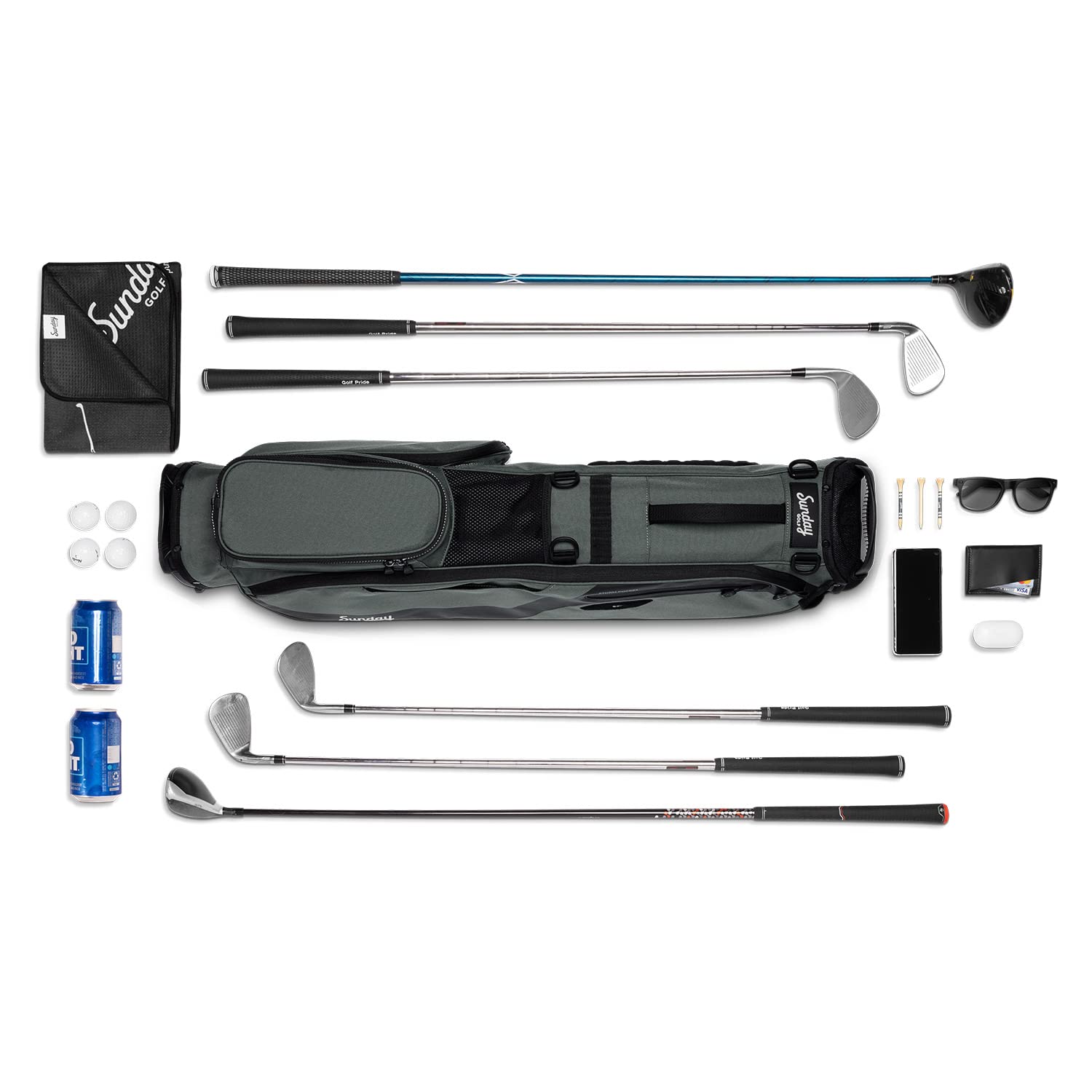 Collection of golf equipment including clubs, a bag, and accessories on a white background