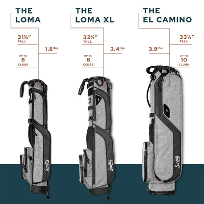 Three golf bags labeled 'The Loma', 'The Loma XL', and 'The El Camino' with dimensions and weight information.