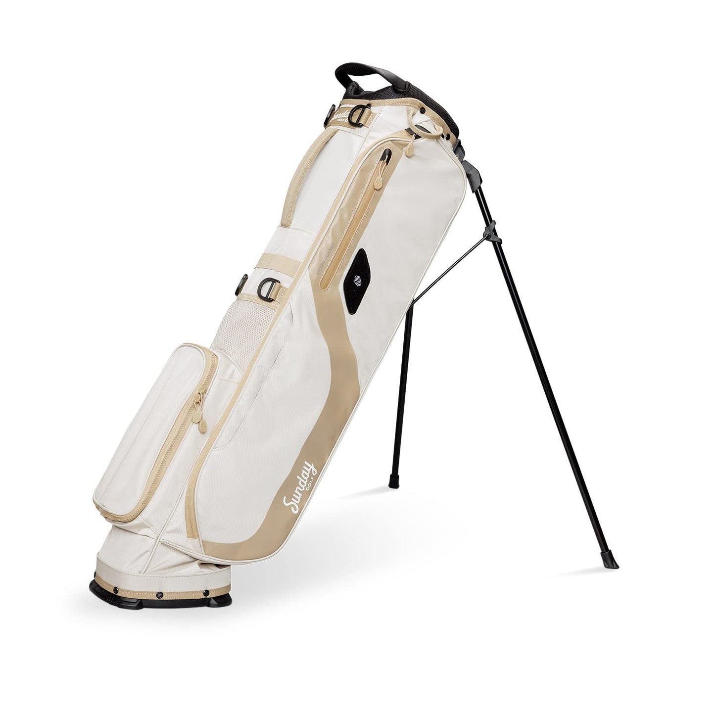 White and beige golf bag with a stand on a white background