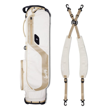 White golf bag with beige accents and a strap on a white background