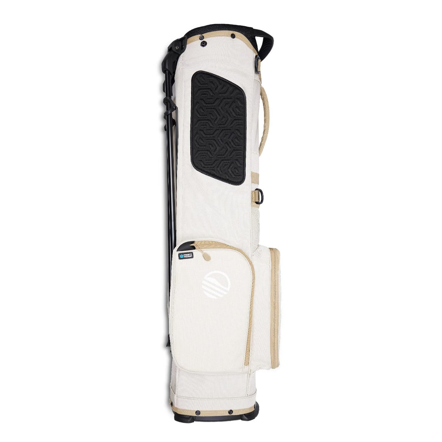 White golf bag with black accents on a white background
