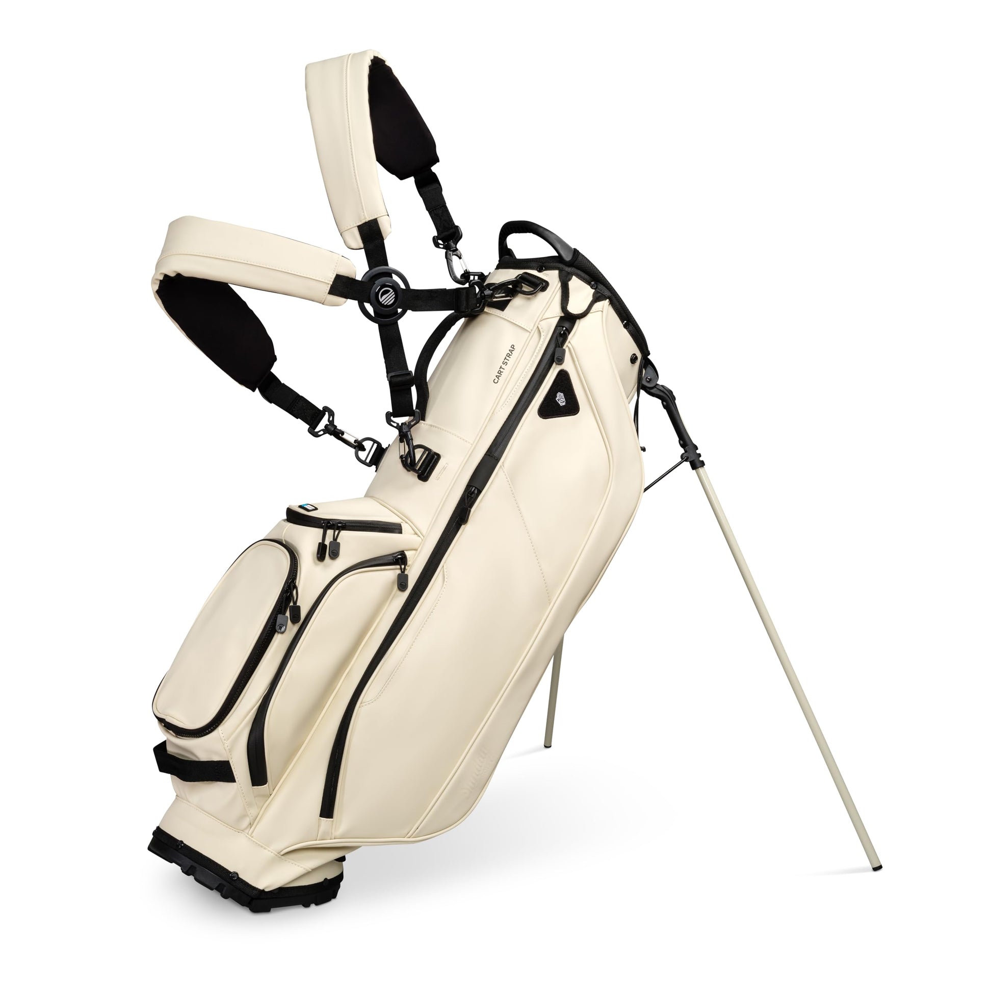 Beige golf bag with black accents on a white background