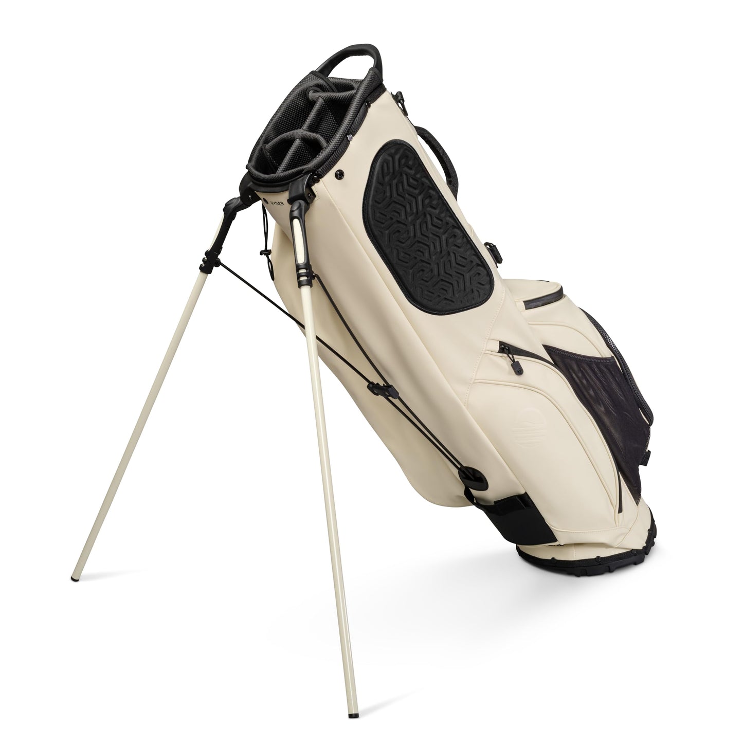 Beige and black golf bag with stand on a white background
