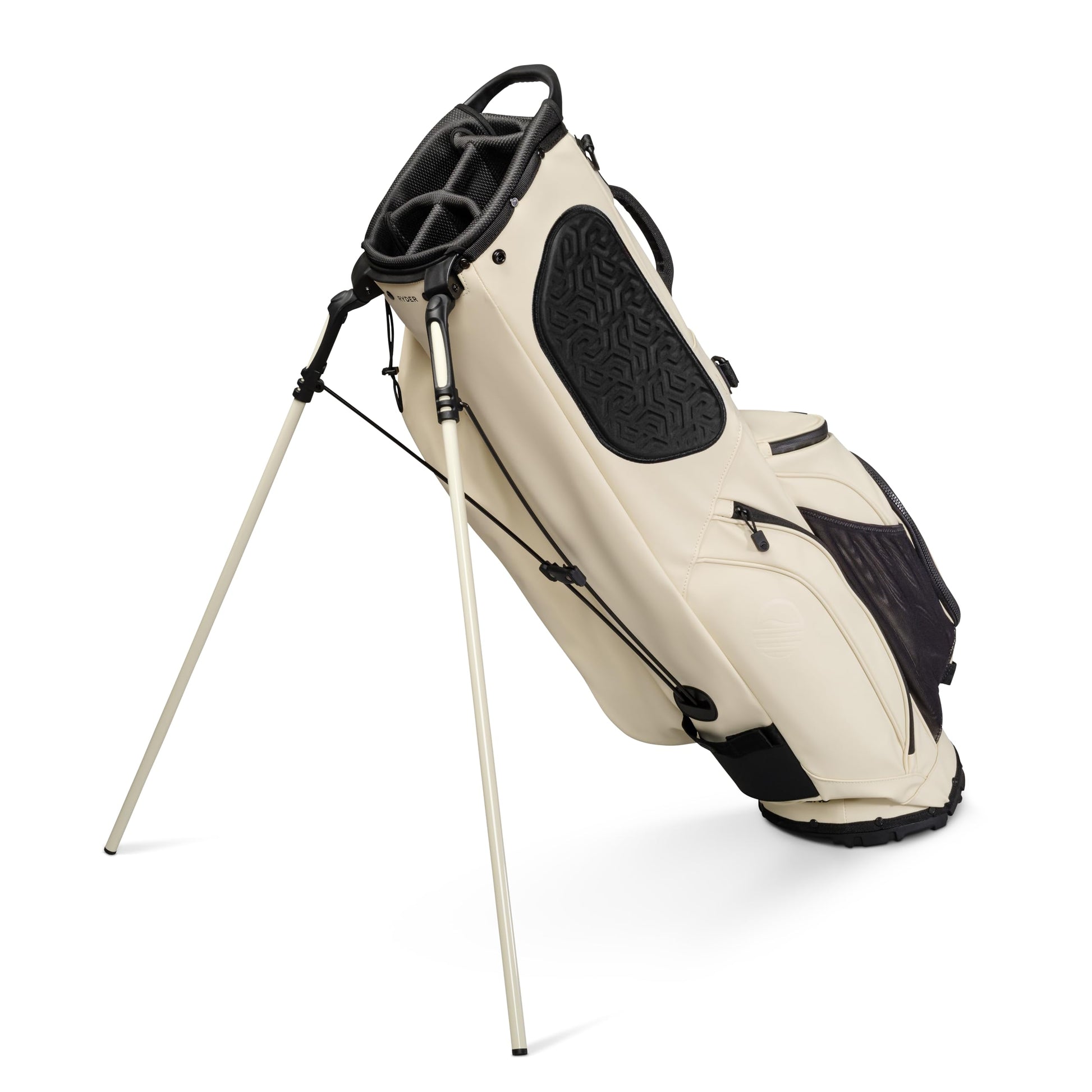 Beige and black golf bag with stand on a white background