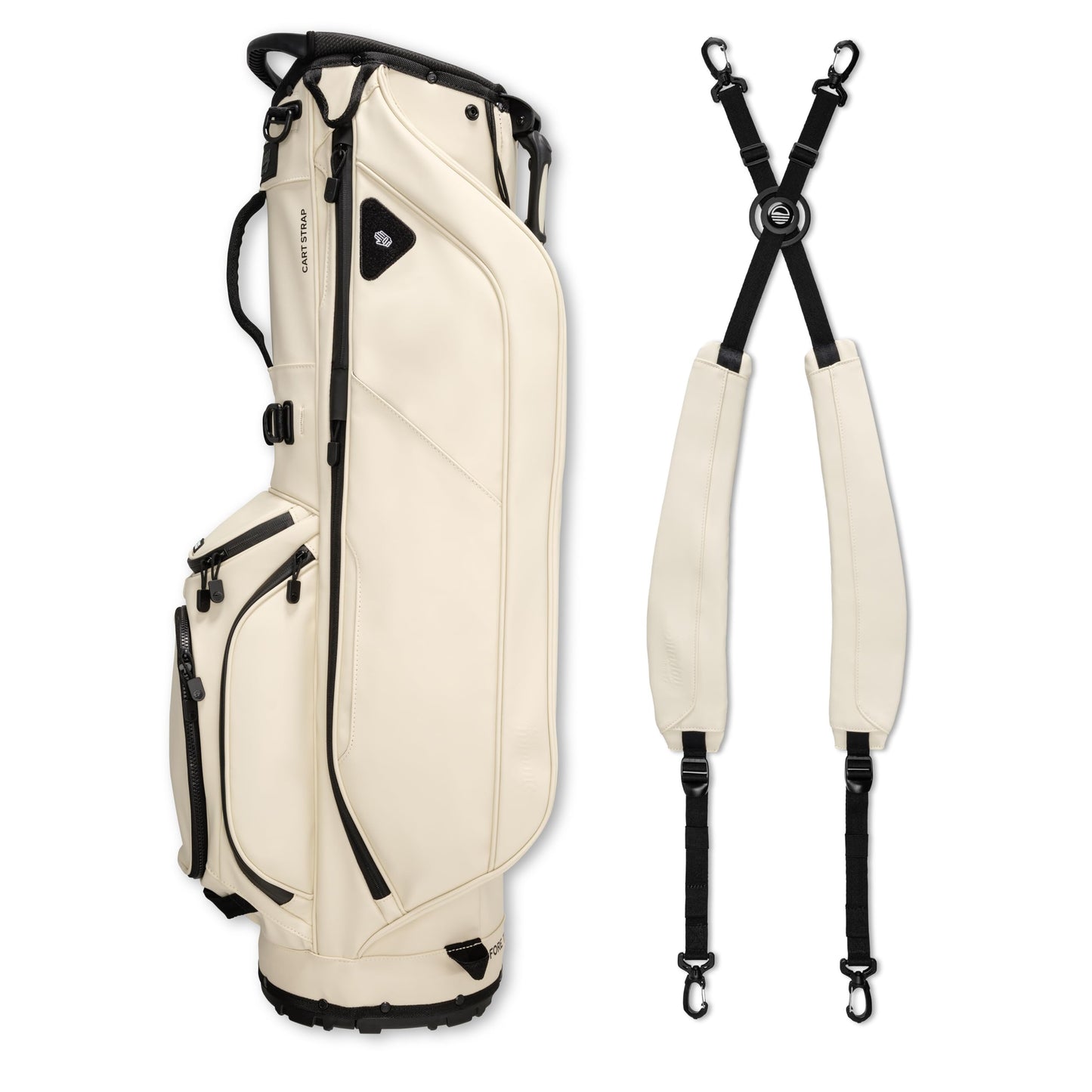 Beige golf bag with black straps on a white background
