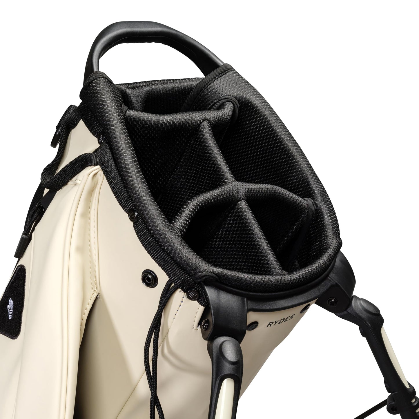 Close-up of a golf bag with a black headcover on a white background