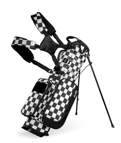 Black and white checkered golf bag with stand on a white background