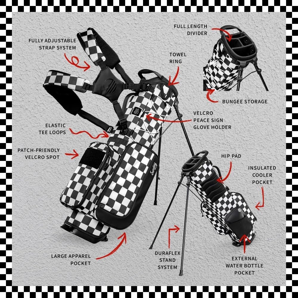 Golf bag with features labeled on a gray background