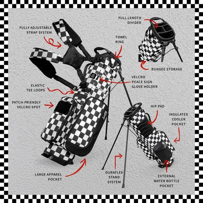 Golf bag with features labeled on a gray background