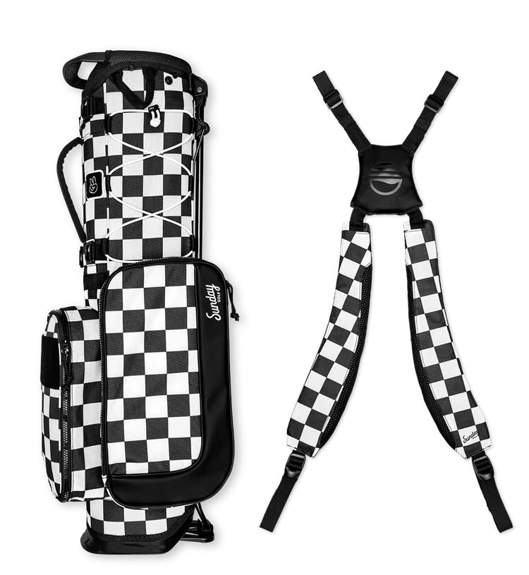 Checkered golf bag and suspenders on a white background