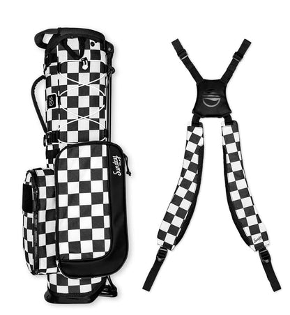 Checkered golf bag and suspenders on a white background