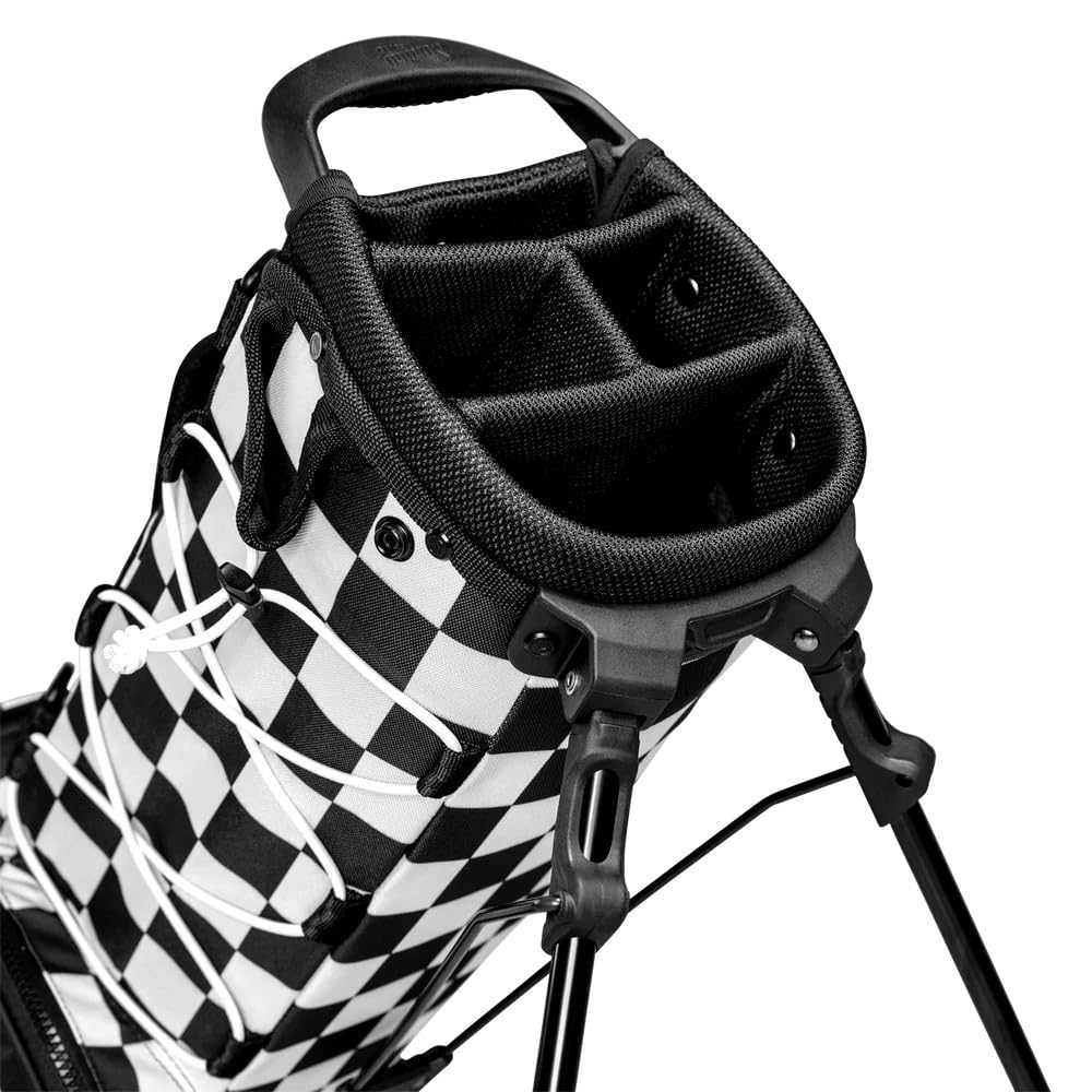 Black and white checkered golf bag with a black stand on a white background