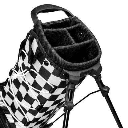 Black and white checkered golf bag with a black stand on a white background