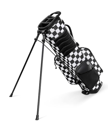 Black and white checkered golf bag with stand on a white background