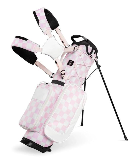 Pink and white checkered golf bag with club on a white background