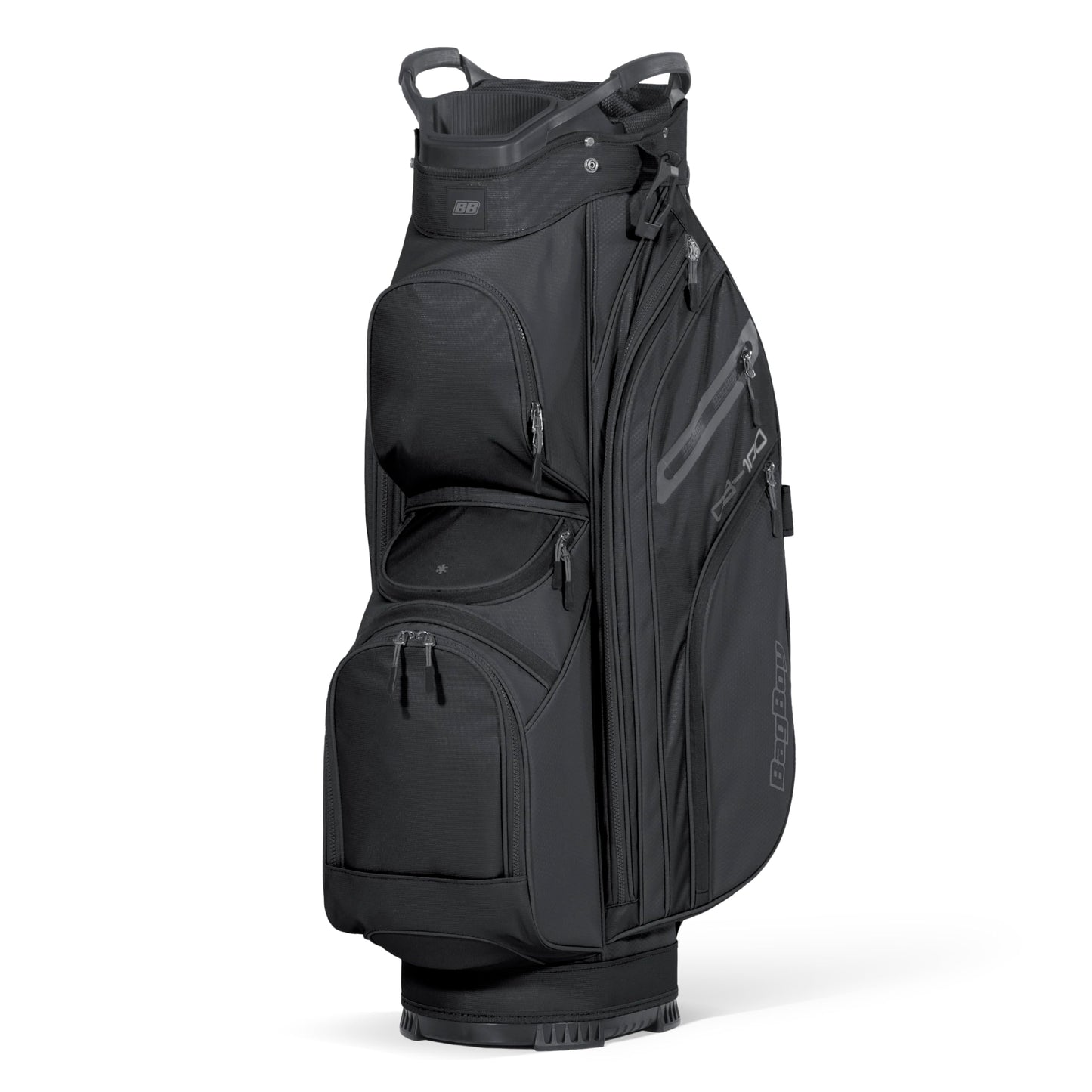 Black golf bag with visible brand logo on a white background